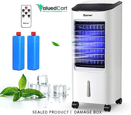 COSTWAY Evaporative Cooler, Portable Cooling Fan with Remote Control, 3-Mode, 3-Speed and 7.5H Timer Function, Include Ice Crystal Boxes, Casters and Water Tank, Bladeless Cooler for Home Office