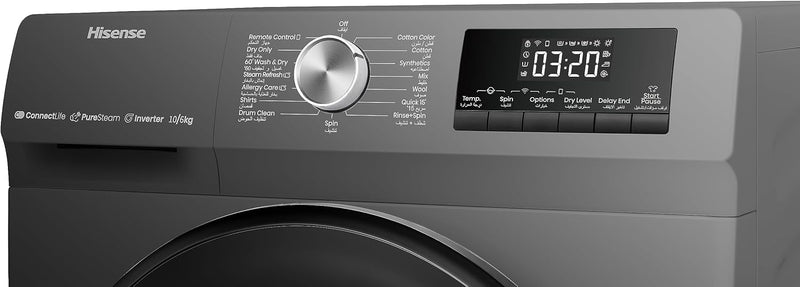 Hisense 10/6Kg washer and Dryer with 1400 RPM, Remote Control, Steam Fresh, Raindrop Drum, Durable Inverter, Drum Clean,WDQA1014VJMWT