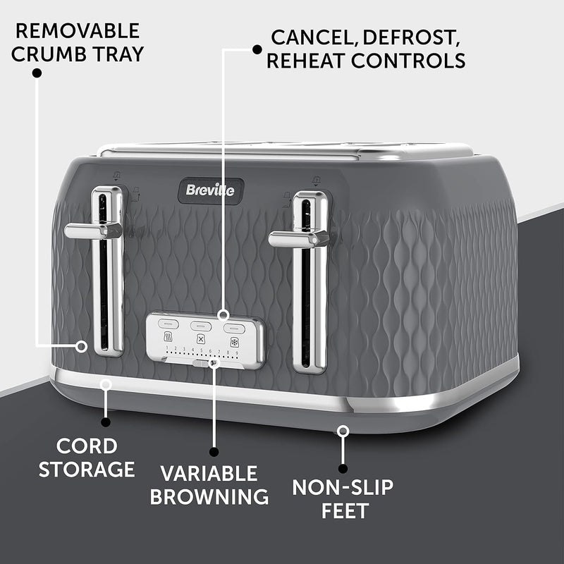 Breville Curve 4-Slice Toaster with High Lift and Wide Slots | Grey & Chrome [VTR013]