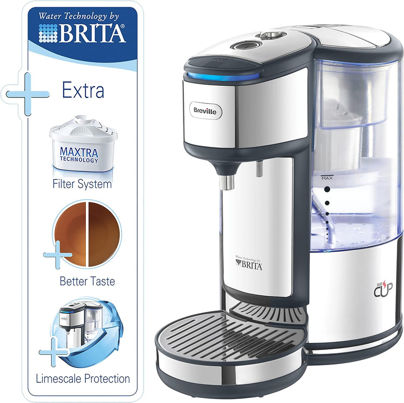 Breville BRITA HotCup Hot Water Dispenser, 3kW Fast Boil & Variable Dispense, 1.8L, Stainless Steel [VKJ367], Silver/Black
