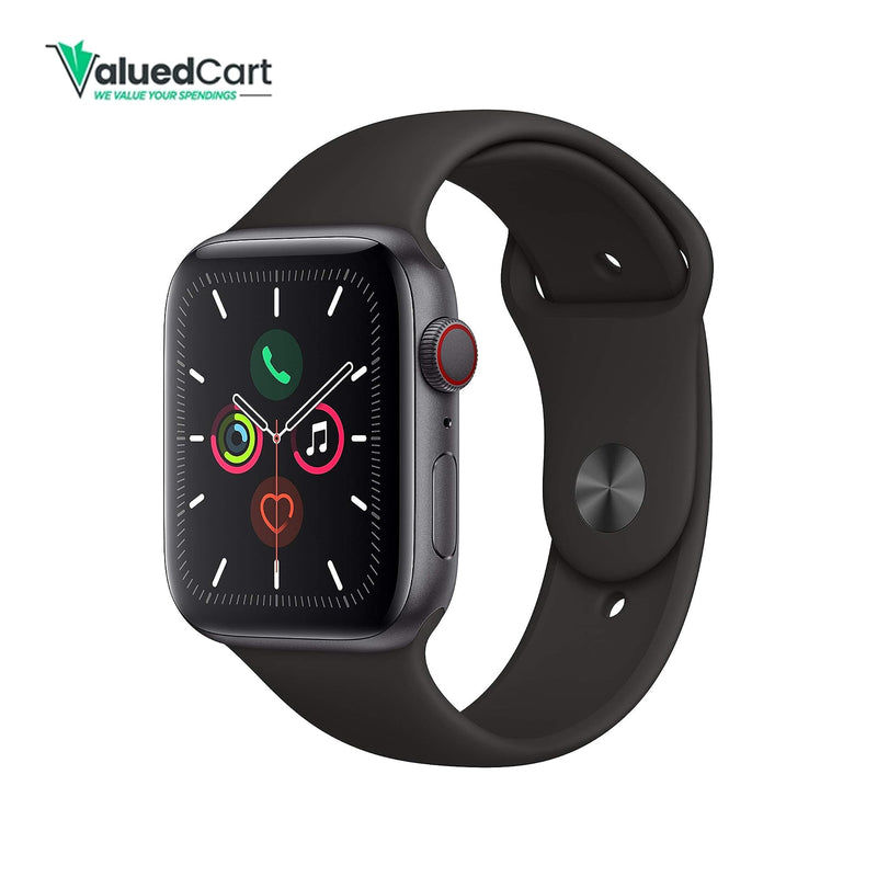 Apple Smart Watch Series 5 , 44mm ( GPS + Cellular ) Space Gray Aluminum with Black Sport Band.