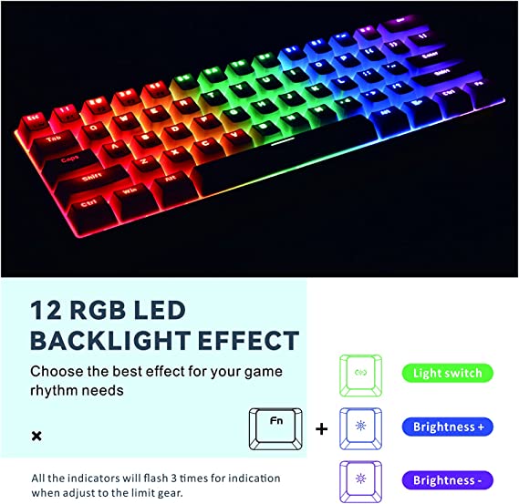 Mechanical Gaming Keyboard, Baytion 61 Keys Ultral Compact Wired Keyboard with Blue Switches and RGB Backlit for iOS, Android and Windows